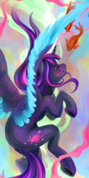 Size: 1920x3840 | Tagged: safe, artist:wilvarin-liadon, character:twilight sparkle, character:twilight sparkle (alicorn), species:alicorn, species:pony, female, fish, goldfish, mare, smiling, solo, spread wings, wings