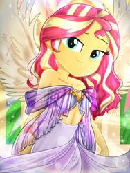Size: 1800x2400 | Tagged: safe, artist:artmlpk, character:sunset shimmer, species:eqg human, my little pony:equestria girls, adorable face, adorasexy, adorkable, alternate hairstyle, angel, angelic wings, armor, bare chest, bare shoulders, beautiful, clothing, cute, digital art, dork, dress, female, goddess, greek, greek clothing, greek goddess, hair, halo, hips, leaves, lidded eyes, light, looking at you, plant, see-through, sexy, shimmerbetes, smiling, smiling at you, solo, sun rays, sunflare, sunset, thighs, watermark, wings