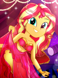Size: 1800x2400 | Tagged: safe, artist:artmlpk, character:sunset shimmer, species:eqg human, my little pony:equestria girls, adorable face, adorasexy, adorkable, bare chest, bare shoulders, beautiful, belly dancer, belly dancer outfit, bracelet, clothing, crown, curtains, cute, dancing, design, digital art, dork, dress, egyptian, eyelashes, female, genie, geniefied, goddess, gold, grin, hair, harem outfit, jewelry, legs, looking at you, midriff, outfit, palace, pillow, pose, regalia, sarong, see-through, sexy, shimmerbetes, skirt, skirt lift, sleeveless, smiley face, smiling, smiling at you, solo, strapless, stupid sexy sunset shimmer, watermark