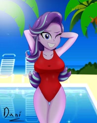 Size: 1609x2048 | Tagged: safe, artist:danielitamlp, character:starlight glimmer, species:eqg human, g4, my little pony:equestria girls, adorasexy, baywatch, breasts, busty starlight glimmer, clothing, cute, female, looking at you, ocean, one eye closed, one-piece swimsuit, sand, sexy, signature, smiling, solo, summer, swimsuit, tree, underass, wink