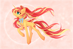 Size: 1200x800 | Tagged: safe, artist:vird-gi, character:sunset shimmer, species:pony, species:unicorn, alternate hairstyle, bow tie, chest fluff, cute, digital art, ear fluff, female, leg fluff, ponytail, shimmerbetes, smiling, solo