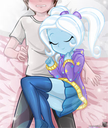Size: 661x781 | Tagged: safe, artist:charliexe, character:trixie, oc, oc:generic messy hair anime anon, species:human, my little pony:equestria girls, alternate hairstyle, babysitter trixie, bed, bedroom, blushing, clothing, eyes closed, faceless male, female, hoodie, lucky bastard, male, offscreen character, schrödinger's pantsu, story included