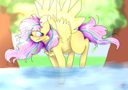 Size: 1546x1096 | Tagged: safe, artist:shinningblossom12, oc, oc only, species:pony, blushing, chest fluff, ear piercing, flying, one eye closed, outdoors, piercing, pond, solo, tree, water, wink