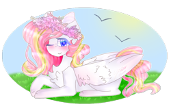Size: 1687x1093 | Tagged: safe, artist:shinningblossom12, oc, oc only, species:bird, species:pegasus, species:pony, blushing, chest fluff, floral head wreath, flower, one eye closed, pegasus oc, simple background, smiling, solo, transparent background, wings, wink