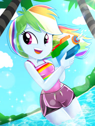 Size: 1800x2400 | Tagged: safe, artist:artmlpk, character:rainbow dash, species:eqg human, g4, my little pony:equestria girls, adorable face, adorasexy, adorkable, beach, beautiful, blue skin, board shorts, clothing, cloud, cute, dashabetes, digital art, female, gym shorts, hair, happy, light, looking over shoulder, multicolored hair, ocean, open mouth, outdoors, palm tree, pink eyes, plant, pool toy, rainbow hair, sand, sexy, shiny skin, shorts, side slit, sky, sleeveless, smiley face, smiling, smiling at you, solo, stupid sexy rainbow dash, sunflare, super soaker, swimsuit, tree, water, watergun, watermark