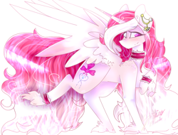 Size: 914x693 | Tagged: safe, artist:shinningblossom12, oc, oc only, species:alicorn, species:pony, alicorn oc, choker, ear piercing, hoof fluff, horn, one eye closed, piercing, raised hoof, simple background, solo, speedpaint available, white background, wings, wink