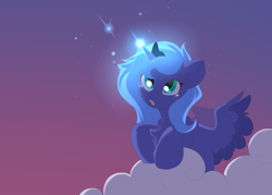 Size: 3500x2500 | Tagged: safe, artist:kebchach, character:princess luna, species:alicorn, species:pony, g4, cloud, colored wings, crown, evening, evening sky, female, filly, gradient background, high res, jewelry, luna's crown, magic, multicolored wings, regalia, sky, solo, teary eyes, wings, woona, younger