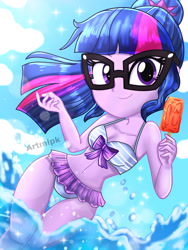 Size: 1800x2400 | Tagged: safe, artist:artmlpk, character:twilight sparkle, character:twilight sparkle (scitwi), species:eqg human, g4, my little pony:equestria girls, adorable face, adorasexy, adorkable, adorkasexy, beach, beautiful, bikini, bow, clothing, cloud, cute, digital art, dork, female, food, glasses, looking at you, melting, nerd, ocean, ponytail, popsicle, see-through, sexy, smiling, smiling at you, solo, summer, sunflare, swimsuit, twiabetes, two piece swimsuit, water, watermark, wave