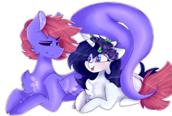 Size: 949x642 | Tagged: safe, artist:shinningblossom12, oc, oc only, oc:ufo, species:pegasus, species:pony, species:unicorn, g4, blep, blushing, chest fluff, duo, floral head wreath, flower, horn, looking at each other, pegasus oc, prone, simple background, smiling, smirk, tongue out, transparent background, unicorn oc, wings