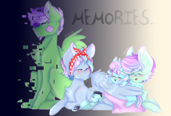 Size: 2977x2015 | Tagged: safe, artist:shinningblossom12, oc, oc only, oc:drawing, oc:shinning blossom, parents:oc x oc, species:pegasus, species:pony, g4, chest fluff, clothing, eyes closed, female, headscarf, male, mare, pegasus oc, prone, scarf, smiling, stallion, wings
