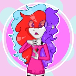 Size: 1024x1024 | Tagged: safe, artist:shinningblossom12, oc, oc only, g4, my little pony:equestria girls, abstract background, d:, eye clipping through hair, female, heterochromia, jewelry, necklace, open mouth, solo