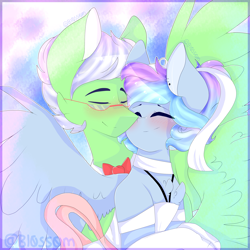 Size: 2449x2449 | Tagged: safe, artist:shinningblossom12, oc, oc only, oc:drawing, oc:shinning blossom, species:pegasus, species:pony, g4, abstract background, blushing, bow tie, chest fluff, clothing, female, glasses, gloves, male, mare, oc x oc, pegasus oc, shipping, smiling, spread wings, stallion, straight, wings