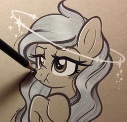Size: 2048x1965 | Tagged: safe, artist:emberslament, oc, oc only, species:earth pony, species:pony, g4, angry, blushing, boop, colored pencil drawing, colored pencils, crossed arms, cute, female, halo, lidded eyes, mare, monochrome, pencil boop, photo, scrunchy face, sparkles, traditional art