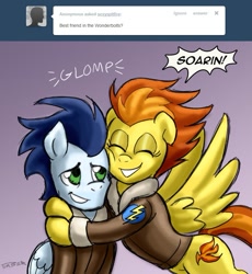 Size: 791x859 | Tagged: safe, artist:pluckyninja, character:soarin', character:spitfire, clothing, glomp, hug, stupid sexy spitfire, tumblr, tumblr:sexy spitfire, uniform, wonderbolts