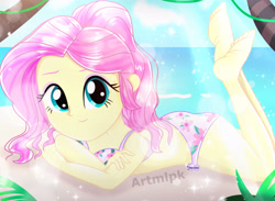 Size: 2600x1899 | Tagged: safe, artist:artmlpk, character:fluttershy, species:eqg human, g4, my little pony:equestria girls, adorable face, adorasexy, alternate hairstyle, beach, beautiful, bikini, clothing, cloud, cute, digital art, feet, female, looking at you, ocean, palmtree, plant, ponytail, prone, sand, sexy, shyabetes, smiley face, smiling, smiling at you, solo, summer, sunflare, swimsuit, the pose, vacation, water, watermark, wet, wet hair