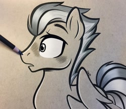 Size: 2048x1776 | Tagged: safe, artist:emberslament, oc, oc only, oc:swift apex, species:pegasus, species:pony, g4, blushing, boop, colored pencil drawing, colored pencils, cute, male, monochrome, open mouth, pencil boop, photo, solo, stallion, surprised, traditional art