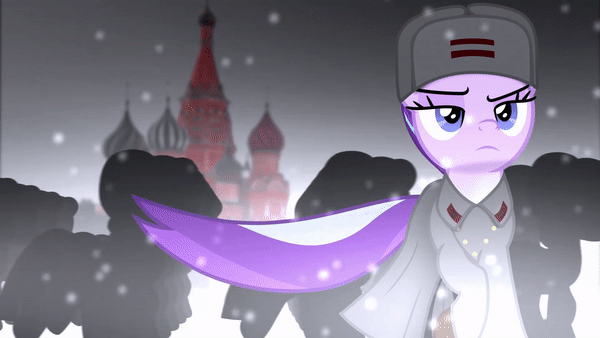 Size: 600x338 | Tagged: safe, artist:bastbrushie, character:starlight glimmer, species:pony, species:unicorn, g4, season 5, animated, army, blyat, clothing, coat, communism, crossing the memes, cyrillic, equal, equal cutie mark, equality, equalized, female, gif, google translate, hat, loop, marching, mare, meme, military, military uniform, moscow, russia, russian, russian meme, serious, serious face, snow, snowfall, soviet, soviet union, stalin glimmer, starlight glimmer in places she shouldn't be, tail, ushanka, video