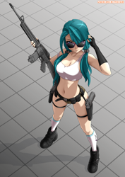 Size: 4960x7015 | Tagged: safe, artist:rambon7, character:juniper montage, g4, my little pony:equestria girls, spoiler:eqg specials, absurd resolution, assault rifle, badass, belly button, beretta, beretta 92fs, black boots, blue eyes, boots, breasts, busty juniper montage, cleavage, clothing, daisy dukes, denim shorts, female, fingerless gloves, glasses, gloves, gun, handgun, m16, midriff, patreon, pigtails, pistol, rifle, shoes, shorts, sky blue hair, socks, solo, sunglasses, tank top, tomboy, twintails, weapon, white socks