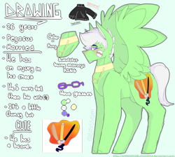 Size: 2589x2316 | Tagged: safe, artist:shinningblossom12, oc, oc only, oc:drawing, species:pegasus, species:pony, g4, blushing, choker, clothing, glasses, jewelry, male, necklace, pegasus oc, reference sheet, solo, stallion, wings