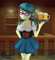 Size: 2000x2200 | Tagged: safe, artist:danielitamlp, character:juniper montage, species:eqg human, g4, my little pony:equestria girls, alcohol, bar, beer, bottle, breasts, busty juniper montage, cleavage, clothing, dirndl, dress, ear piercing, earring, female, glasses, high res, jewelry, looking at you, one eye closed, piercing, smiling, solo, stool, waitress, wine, wink