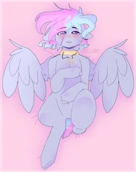 Size: 1280x1613 | Tagged: safe, artist:shinningblossom12, oc, oc only, oc:shinning blossom, species:pegasus, species:pony, g4, blushing, body pillow, body pillow design, choker, female, mare, on back, pegasus oc, solo, spread wings, wings