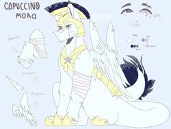 Size: 1280x965 | Tagged: safe, artist:shinningblossom12, oc, oc only, oc:capuccino, species:pegasus, species:pony, g4, armor, bandage, eye scar, helmet, hoof shoes, horn, leonine tail, pegasus oc, reference sheet, royal guard, scar, solo, wings