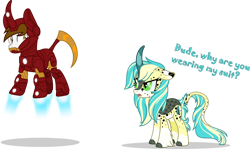 Size: 1280x763 | Tagged: safe, artist:mlp-trailgrazer, oc, oc only, oc:artsy doodle, oc:evan, species:kirin, g4, clothing, cosplay, costume, iron man, simple background, transparent background
