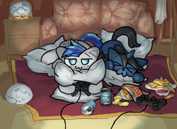 Size: 1032x751 | Tagged: safe, artist:archeryves, oc, oc only, oc:news, species:pegasus, species:pony, species:unicorn, g4, controller, couch, pillow, solo