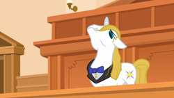 Size: 1920x1080 | Tagged: safe, artist:age3rcm, artist:thealjavis, character:prince blueblood, species:pony, species:unicorn, g4, ace attorney, bow tie, courtroom, crossover, elements of justice, grin, looking down, male, prosecutor, smiling, solo, stallion