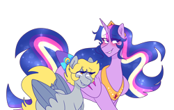 Size: 2048x1293 | Tagged: safe, artist:cubbybatdoodles, character:derpy hooves, character:twilight sparkle, character:twilight sparkle (alicorn), species:alicorn, species:pony, ship:twerpy, episode:the last problem, g4, my little pony: friendship is magic, blushing, colored wings, colored wingtips, female, jewelry, lesbian, long mane, long tail, princess twilight 2.0, regalia, shipping, short hair, short tail, simple background, size difference, transparent background