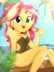 Size: 1800x2400 | Tagged: safe, artist:artmlpk, character:sunset shimmer, species:eqg human, g4, my little pony:equestria girls, adorable face, adorasexy, adorkable, bare chest, bare shoulders, beach, beautiful, black swimsuit, clothing, cute, digital art, dork, female, lens flare, looking at you, one-piece swimsuit, open mouth, palm tree, sexy, shimmerbetes, sleeveless, smiley face, smiling, smiling at you, solo, summer, swimsuit, tree, water, watermark