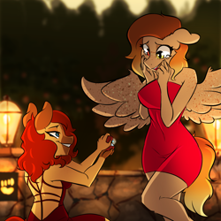 Size: 2000x2000 | Tagged: safe, artist:xxmarkingxx, oc, oc only, oc:firelight, oc:honeypot meadow, species:anthro, species:earth pony, species:pegasus, species:pony, g4, anthro oc, clothing, commission, couple, crying, digital art, dress, earth pony oc, engagement ring, female, floppy ears, freckles, gift art, gradient hair, heterochromia, kneeling, lesbian, mare, marriage proposal, oc x oc, off shoulder, pegasus oc, red dress, shipping, shoulder freckles, smiling, tears of joy, wedding proposal, wing freckles, wings