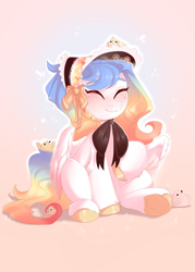 Size: 2500x3500 | Tagged: safe, artist:kebchach, oc, oc only, species:pegasus, species:pony, g4, bonnet, chick, eyes closed, freckles, raised hoof, sitting, smiling, solo