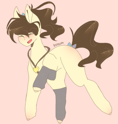 Size: 2197x2297 | Tagged: safe, artist:shinningblossom12, oc, oc only, species:earth pony, species:pony, g4, blushing, bow, earth pony oc, eyes closed, female, jewelry, leg warmers, mare, necklace, open mouth, pink background, simple background, smiling, solo, tail bow