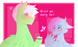 Size: 1280x775 | Tagged: safe, artist:shinningblossom12, oc, oc only, oc:drawing, oc:shinning blossom, species:pegasus, species:pony, g4, blushing, bust, engagement ring, eyes closed, female, heart, hoof hold, jewelry, male, mare, oc x oc, ring, shipping, simple background, stallion, straight, transparent background