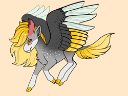 Size: 2800x2100 | Tagged: safe, artist:loryska, oc, parent:derpy hooves, parent:pharynx, species:changepony, g4, cloven hooves, colored wings, hybrid, hybrid wings, interspecies offspring, multicolored wings, offspring, orange background, parents:derpynx, simple background, solo, transparent background, wings