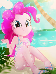 Size: 1800x2400 | Tagged: safe, artist:artmlpk, character:pinkie pie, species:eqg human, g4, my little pony:equestria girls, adorable face, adorasexy, adorkable, beach, beautiful, bow, clothing, cloud, cute, diapinkes, digital art, dork, feet, female, grin, island, light, looking at you, palm tree, plant, sand, sandals, sexy, sleeveless, smiley face, smiling, smiling at you, solo, swimsuit, tree, water, watermark