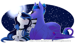 Size: 1600x900 | Tagged: safe, artist:shinningblossom12, oc, oc only, oc:magic moon, oc:meadow waves, species:pegasus, species:pony, g4, choker, female, full moon, looking at each other, male, mare, moon, night, pegasus oc, simple background, smiling, stallion, stars, transparent background, wings