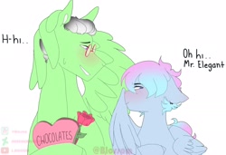 Size: 2048x1402 | Tagged: safe, artist:shinningblossom12, oc, oc only, oc:drawing, oc:shinning blossom, species:pegasus, species:pony, g4, bust, chocolate, dialogue, female, flower, food, male, mare, oc x oc, pegasus oc, rose, shipping, simple background, stallion, white background, wings