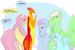 Size: 2048x1386 | Tagged: safe, artist:shinningblossom12, character:fluttershy, character:philomena, oc, oc:drawing, oc:shinning blossom, species:pegasus, species:phoenix, species:pony, g4, :o, dialogue, female, filly, jewelry, male, mare, necklace, open mouth, pegasus oc, stallion, surprised, wings