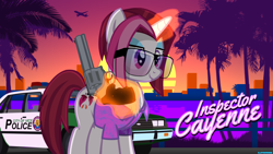Size: 1920x1080 | Tagged: safe, artist:bastbrushie, artist:thebosscamacho, character:cayenne, species:pony, species:unicorn, g4, 357, 80s, building, car, clothing, cutie mark, fluffy, glasses, grand theft auto, grand theft auto vice city, gta vice city, gun, handgun, hawaiian shirt, inspector, magic, ocean, palm, palm tree, plane, police, reflection, retro, retrowave, revolver, shirt, smiling, sun, sunset, synthwave, tail, title, tree, vice city, weapon