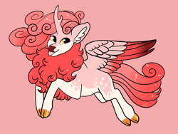 Size: 2800x2100 | Tagged: safe, artist:loryska, oc, parent:autumn blaze, parent:princess cadance, parents:autumndance, g4, cloven hooves, hybrid, interspecies offspring, kirin hybrid, magical lesbian spawn, offspring, simple background, solo, tongue out, two toned wings, wings