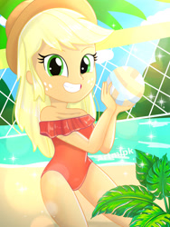 Size: 1800x2400 | Tagged: safe, artist:artmlpk, character:applejack, g4, my little pony:equestria girls, adorable face, adorasexy, adorkable, alternate hairstyle, applejack's hat, ball, beach, beautiful, clothing, cowboy hat, cute, digital art, dork, female, grin, hat, jackabetes, lens flare, looking at you, net, one-piece swimsuit, palm tree, plant, sexy, smiley face, smiling, smiling at you, solo, sports, swimsuit, tree, volleyball, volleyball net, water, watermark