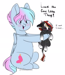 Size: 1771x2048 | Tagged: safe, artist:shinningblossom12, oc, oc only, oc:shinning blossom, species:earth pony, species:pegasus, species:pony, g4, baby, baby pony, blushing, colored hooves, dialogue, duo, earth pony oc, female, holding a pony, jewelry, mare, necklace, pegasus oc, simple background, sleepy, smiling, tired, white background, wings
