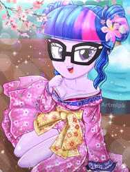 Size: 1800x2400 | Tagged: safe, artist:artmlpk, character:twilight sparkle, character:twilight sparkle (scitwi), species:eqg human, g4, my little pony:equestria girls, adorable face, adorasexy, adorkable, adorkasexy, alternate hairstyle, bare chest, beautiful, bedroom eyes, breasts, cherry blossom flower, cleavage, clothing, cute, digital art, dork, dress, female, flower, flower in hair, glasses, hand on chest, kimono (clothing), lens flare, lidded eyes, looking at you, meganekko, open mouth, outfit, plant, sexy, sitting, smiley face, smiling, smiling at you, solo