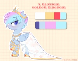 Size: 1262x991 | Tagged: safe, artist:shinningblossom12, base used, oc, oc only, oc:shinning blossom, species:pegasus, species:pony, g4, blushing, clothing, dress, female, hoof shoes, jewelry, mare, pegasus oc, raised hoof, reference sheet, solo, tiara, wings