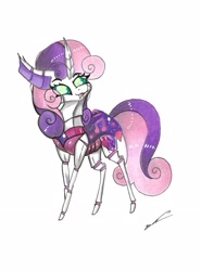 Size: 2315x3121 | Tagged: safe, artist:luxiwind, character:sweetie belle, species:changeling, species:reformed changeling, g4, changedlingified, changelingified, exoskeleton, female, simple background, solo, species swap, traditional art, white background