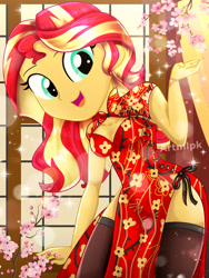 Size: 1800x2397 | Tagged: safe, artist:artmlpk, character:sunset shimmer, species:eqg human, g4, my little pony:equestria girls, adorable face, adorasexy, adorkable, bare chest, beautiful, blossom, button, cherry, chinese, clothing, curtains, cute, dork, dress, female, flower, food, hips, lens flare, looking at you, open mouth, plant, red dress, sexy, smiley face, smiling, smiling at you, socks, solo, thigh, thigh highs, thighs, tree, watermark