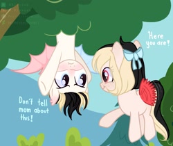 Size: 2048x1718 | Tagged: safe, artist:shinningblossom12, oc, oc only, species:bat pony, species:pony, g4, bat pony oc, bat wings, bow, colt, cute, dialogue, female, filly, flying, frown, hair bow, hanging, male, outdoors, smiling, tree, underhoof, upside down, wings