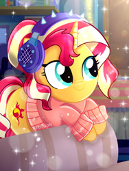 Size: 1800x2400 | Tagged: safe, artist:artmlpk, character:sunset shimmer, species:pony, species:unicorn, g4, adorable face, adorkable, alternate hairstyle, beautiful, clothing, cute, digital art, dork, equestria girls ponified, female, headphones, lens flare, looking up, mare, ponified, ponytail, shimmerbetes, smiling, solo, sweater, watermark, winter